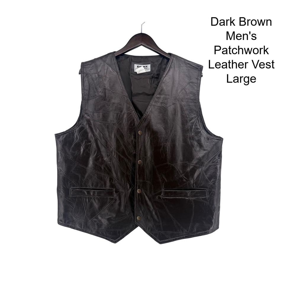 Duke Haband Mens Dark Brown Genuine Leather Patchwork Vest Size L 31P Biker